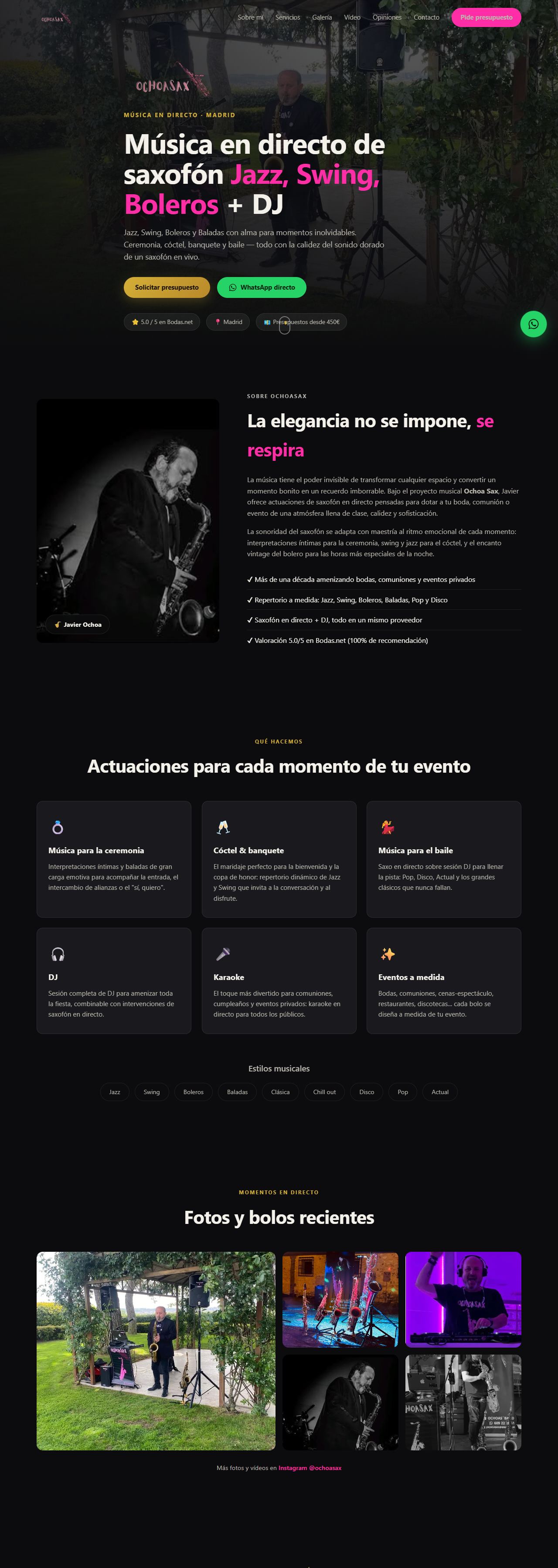 Captura de la web de Ochoasax: portada con el saxofonista y secciones de servicios y galería