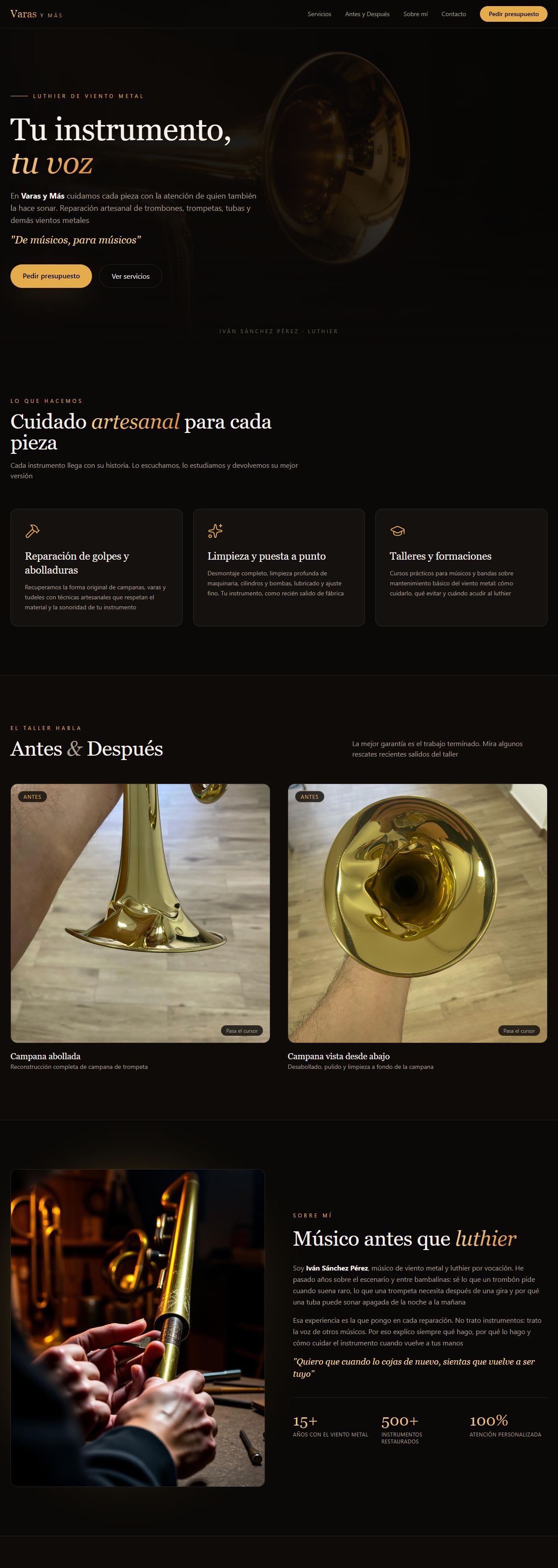 Captura de la web de Varas y Más Luthier: portada «Tu instrumento, tu voz» y sección de antes y después